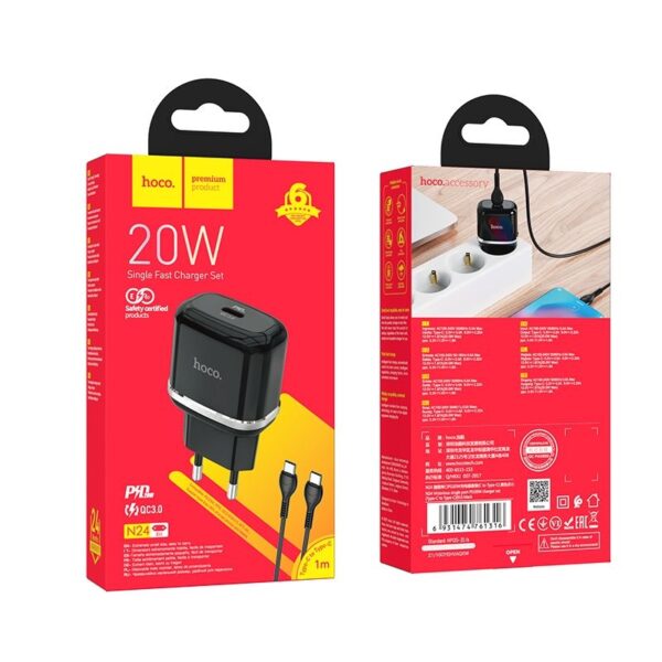 HOCO travel charger Type C + cable Type C to Type C PD QC3.0 20W N24 black – Bild 3
