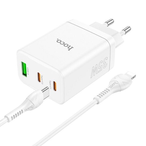 HOCO charger 2 x Type C + USB A + cable Type C to Lightning PD QC3.0 3A 35W N33 white – Bild 3
