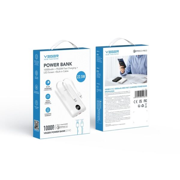 VEGER powerbank 10 000 mAh with built-in cables Type C / Lightning PD QC3.0 2A 22,5W C11C (W1170) white – Bild 3