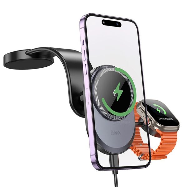 HOCO car holder with wireless charging 2in1 for center console compatible with Apple Watch 15W HW28 black gray – Bild 3