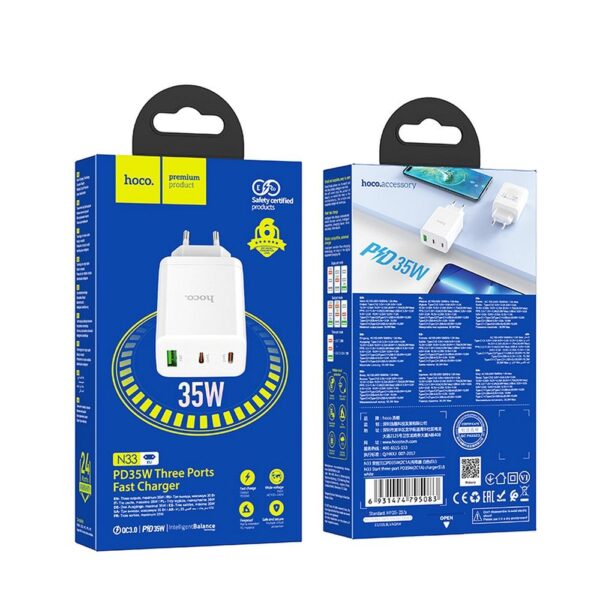 HOCO charger 2 x Type C + USB A PD QC3.0 3A 35W N33 white – Bild 4