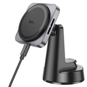 HOCO car holder with wireless charging for center console compatible with MagSafe 15W HW16 black metal gray