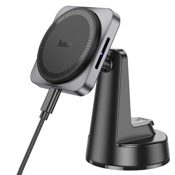 HOCO car holder with wireless charging for center console compatible with MagSafe 15W HW16 black metal gray