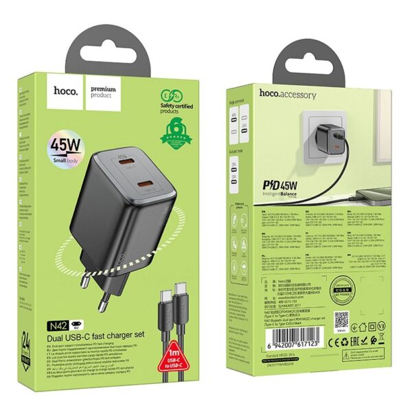 HOCO charger 2 x Type C + cable Type C to Type C PD QC 45W GaN N42 black – Bild 2