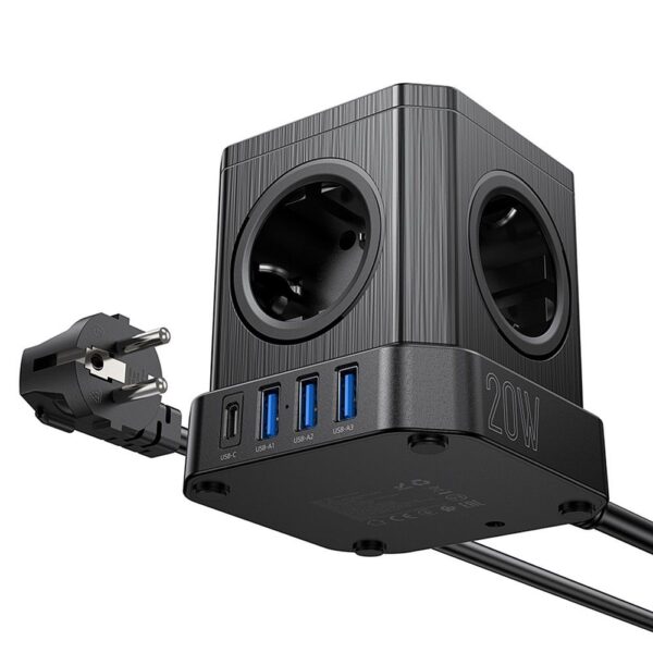 HOCO multifuncional splitter 5 sockets + 3 x USB A + Type C EU standards 4000W PD QC 3A NS8 2 m black – Bild 4