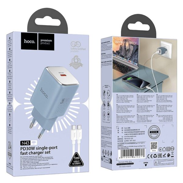 HOCO charger Type C + cable Type C to Type C PD QC 30W GaN N43 ice blue – Bild 4